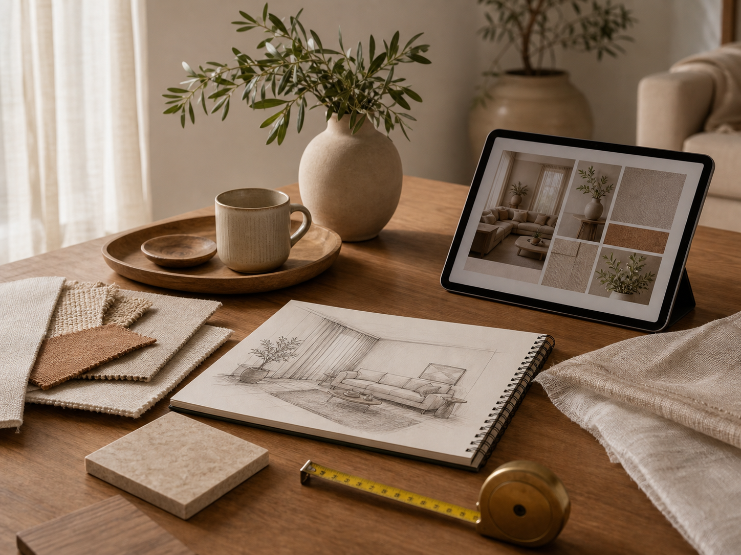 Mesa de atendimento de decora&ccedil;&atilde;o com tablet, croqui, tecidos, trena e materiais naturais